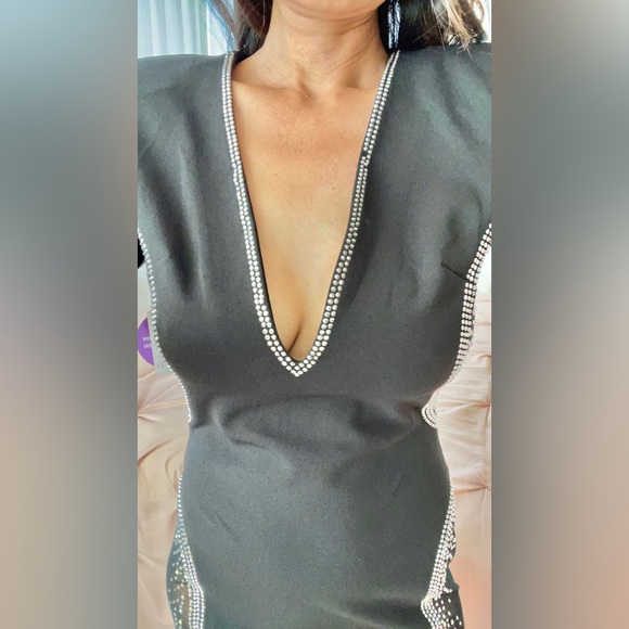 Windsor Black Rhinestones Deep V-Neck Sheer Mesh Side Cut Outs Blazer Mini Dress - Picture 13 of 15